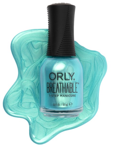 A bottle of teal nail polish labeled 'ORLY BREATHABLE' with spilled polish around it.