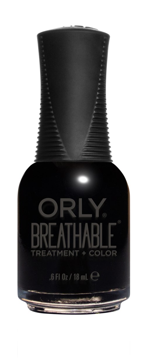 Svart neglelakkflaske merket ORLY BREATHABLE TREATMENT + COLOR. Lang, buet svarthette, klar glassbase.