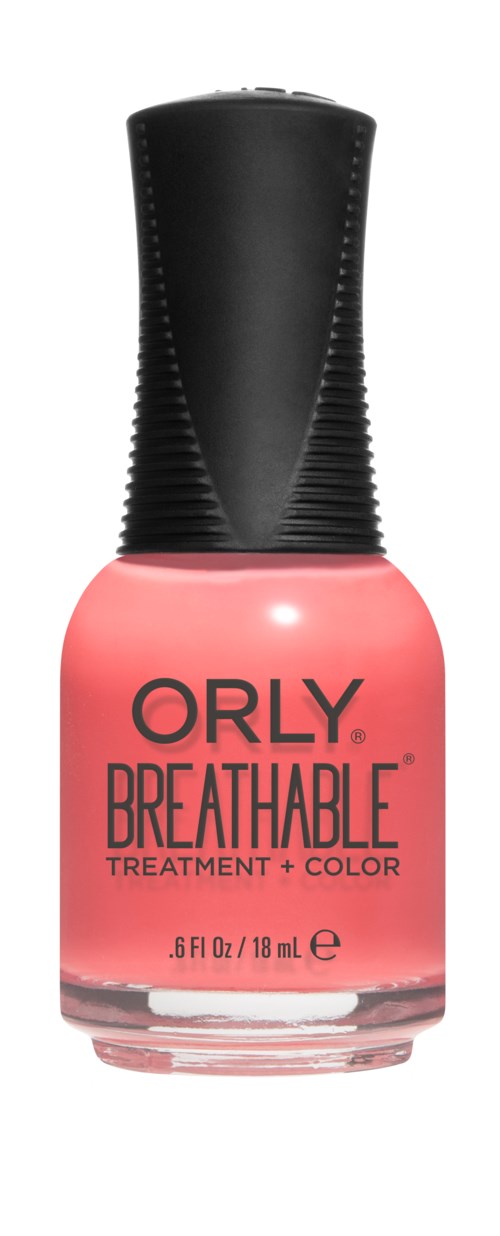 Liten rosa neglelakkflaske med svart lokk, merket ORLY BREATHABLE TREATMENT + COLOR, 6 fl oz.