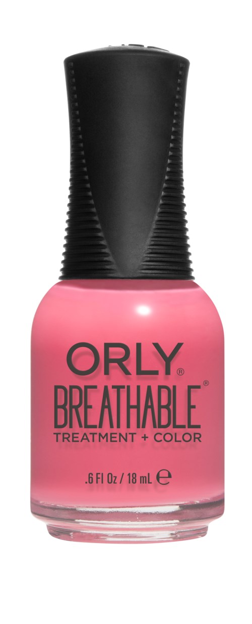 Pink neglelakkflaske med svart kork og teksten 'ORLY BREATHABLE TREATMENT + COLOR' på.