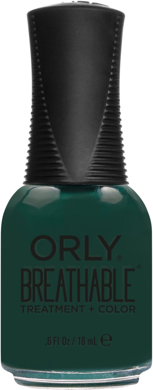Grønn neglelakkflaske med svart lokk, merket Orly Breathable Treatment and Color, 18 ml.