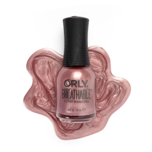 En rosa neglelakkflaske merket 'ORLY BREATHTAKING 1-STEP MANICURE' med neglelakk rundt den.