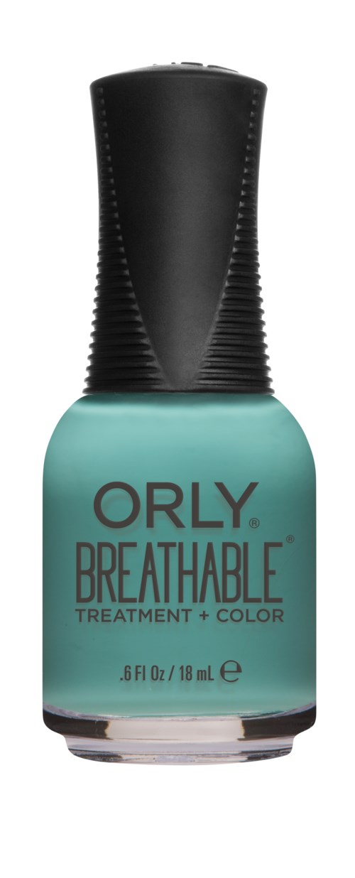 En flaske med ORLY Breathable neglelakk i blågrønn farge med svart lokk.