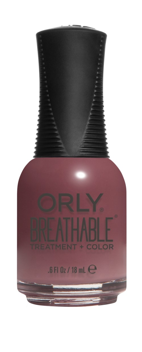 En rosa neglelakkflaske med svart lokk, merket 'ORLY BREATHABLE TREATMENT + COLOR'.