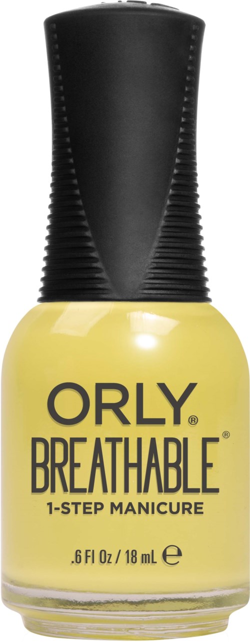 Gul nagellackflaska med svart lock och texten 'ORLY BREATHABLE 1-STEP MANICURE'.