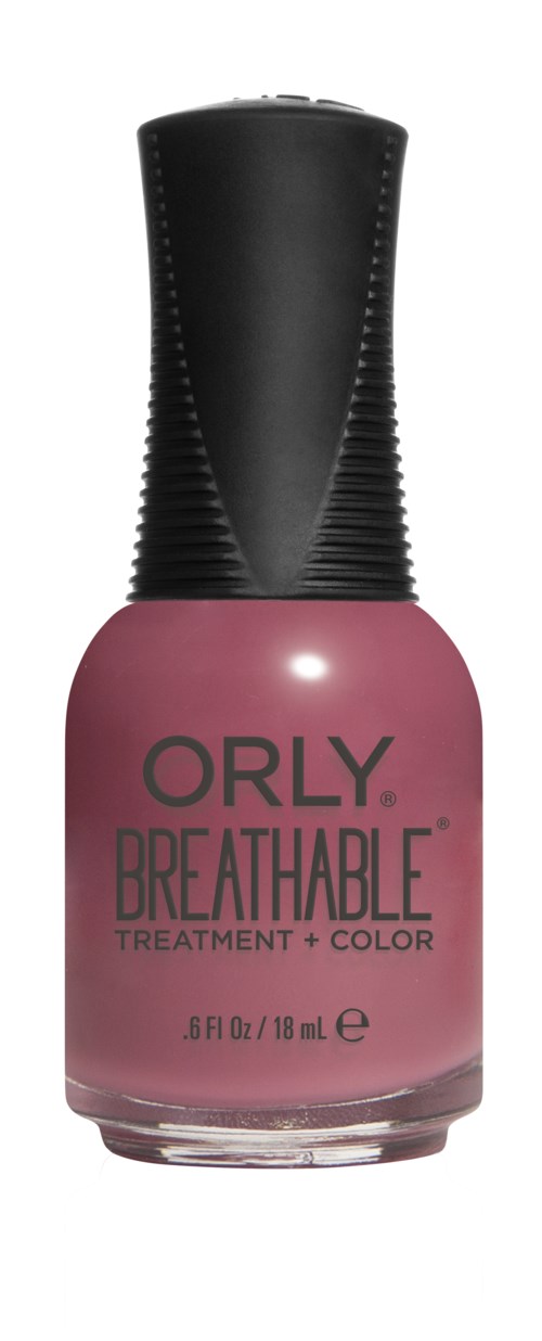 En rosa neglelakkflaske med svart lokk, merket 'ORLY BREATHABLE TREATMENT + COLOR', 18 ml.