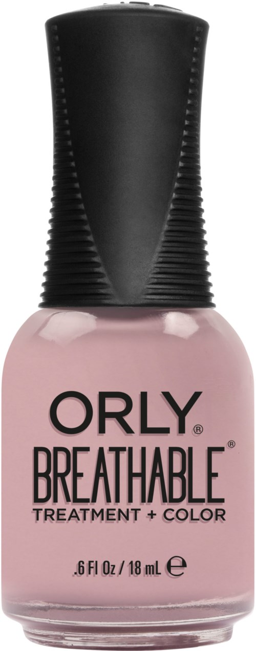 Rosa neglelakkflaske med svart kapsel, merket 'ORLY BREATHABLE TREATMENT + COLOR' og 18 ml kapasitet.