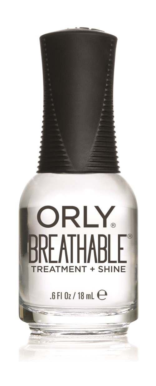 En liten flaske med Orly Breathable neglebehandling og glans produkt med svart lokk.