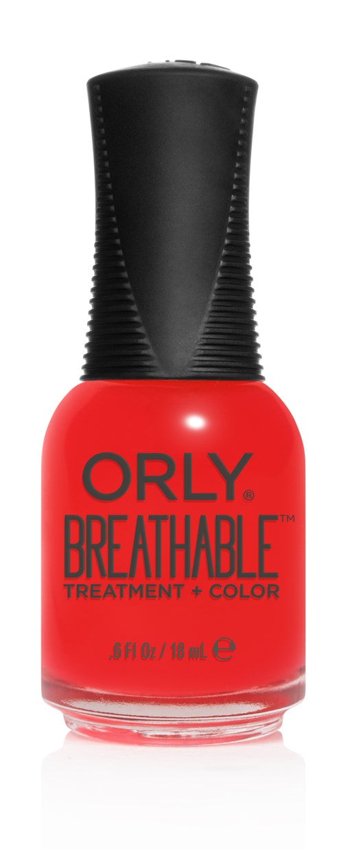 Rødt neglelakkflaske med svart lokk, merket 'ORLY BREATHABLE TREATMENT + COLOR'.