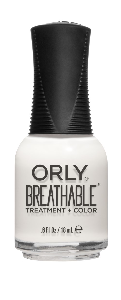 En flaska av Orly Breathable behandling och nagellack, vit med svart lock, 6 fl oz (18 mL).