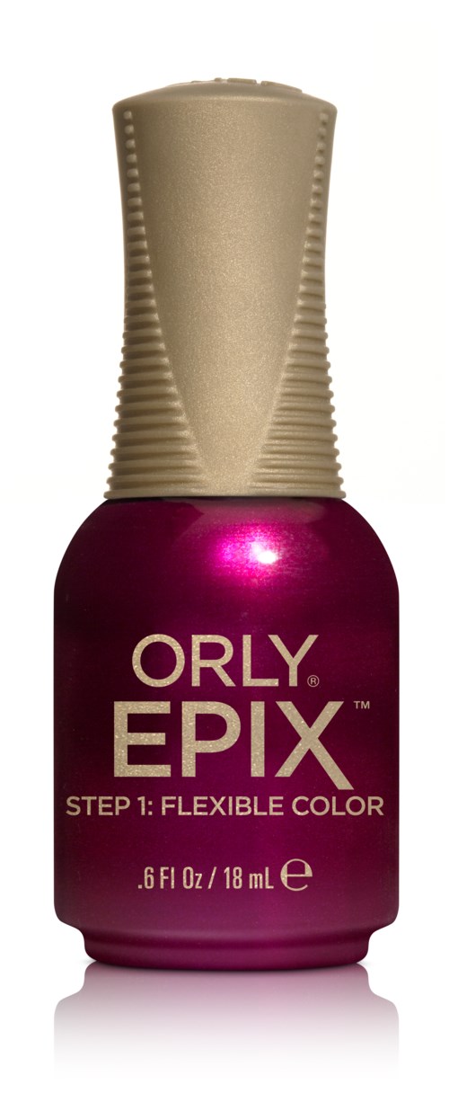 En rosa neglelakflaske med en gylden låg, mærket "ORLY EPIX" og "TRIN 1: FLEKSIBEL FARVE."
