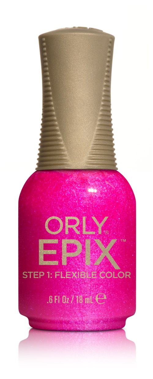 Pink neglelakflaske med guldkapsel, mærket "ORLY EPIX STEP 1: FLEXIBLE COLOR."