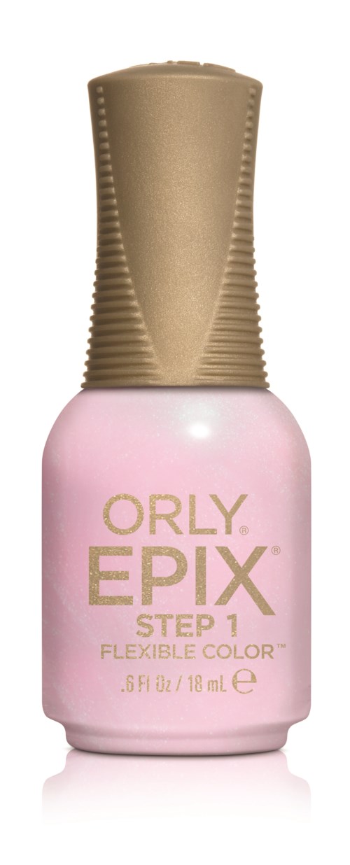 En lille flaske med pink neglelak med guldhoved, mærket ORLY EPIX Flexible Color, Trin 1.