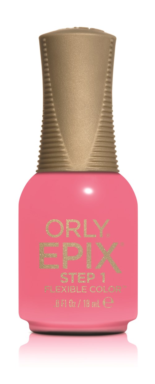 Rosafärgad nagellacksflaska med ett guldlock, märkt "ORLY EPIX STEP 1 FLEIXIBLE COLOR."