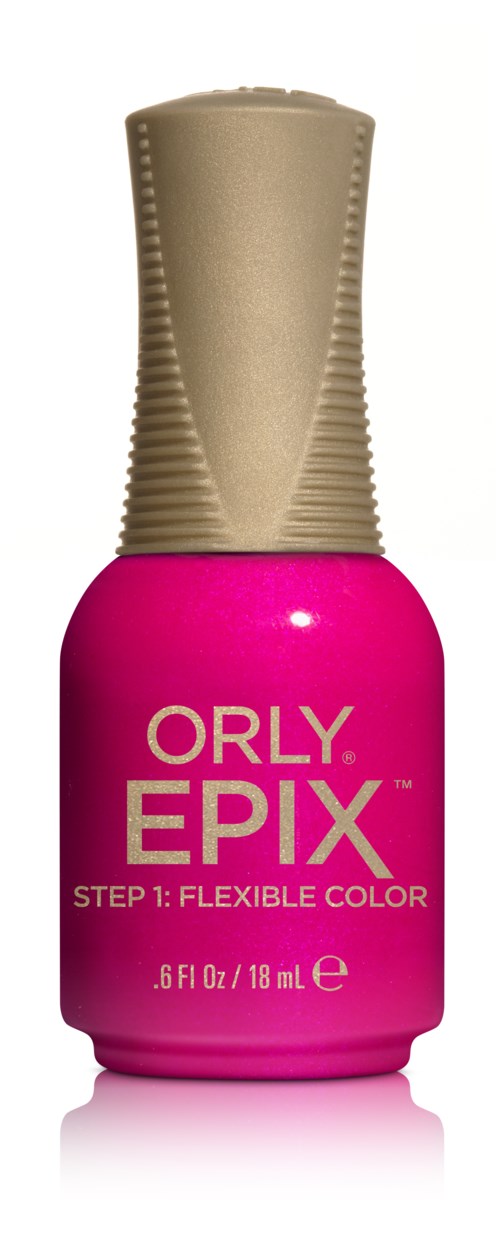Pink neglelakflaske med guldhoved, mærket 'ORLY EPIX', trin 1, fleksibel farve, 0,6 fl oz.