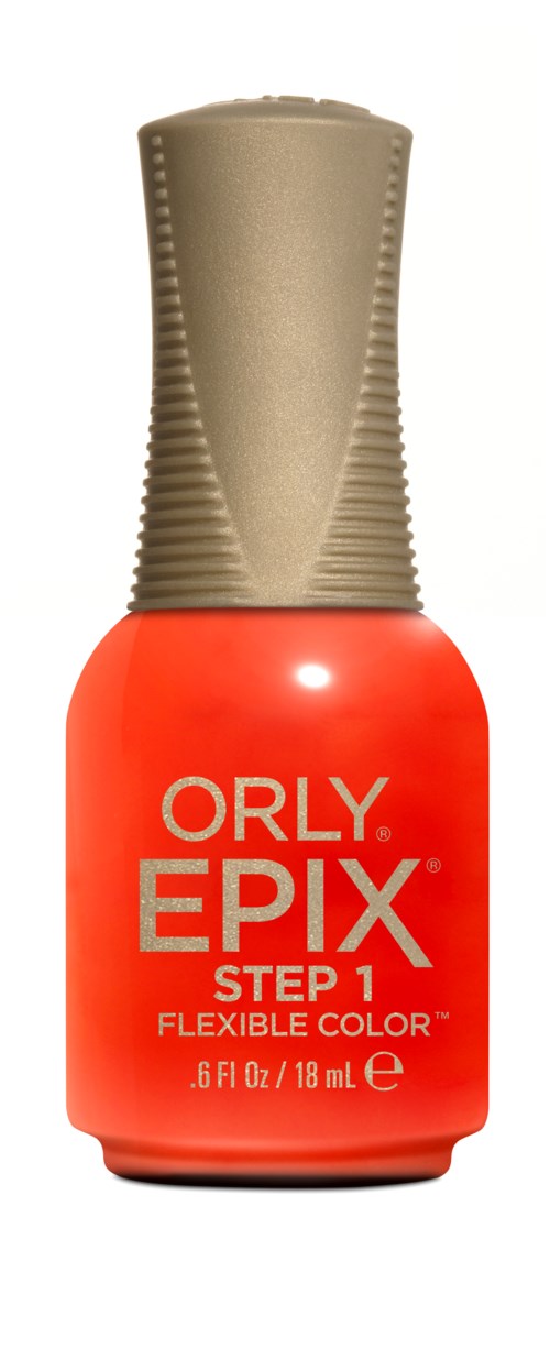 En rød neglelakflaske med beige låg, mærket "ORLY EPIX STEP 1 FLEXIBLE COLOR."