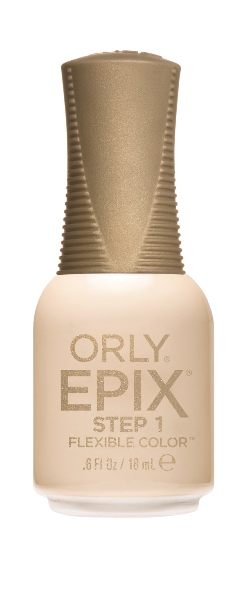 En beige flaske med en bred beige hætte, mærket 'ORLY EPIX STEP 1 FLEXIBLE COLOR,' bruges til neglelak.