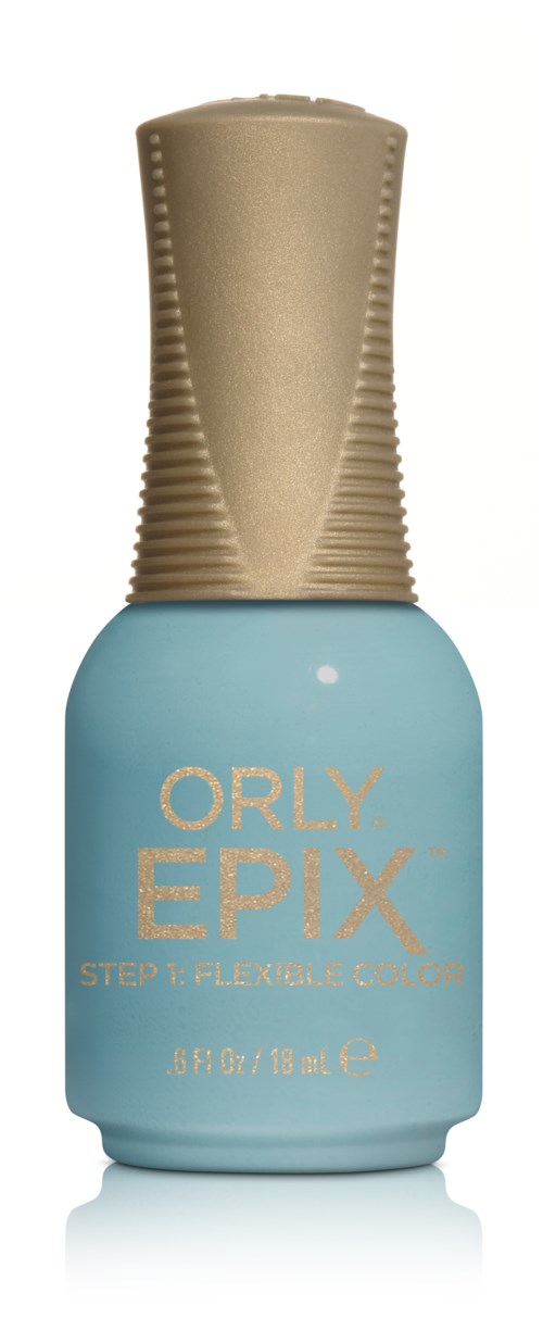 En lille flaske blå neglelak med en guldhøjde, mærket "ORLY Epix" til trin 1 af farvefiksering.