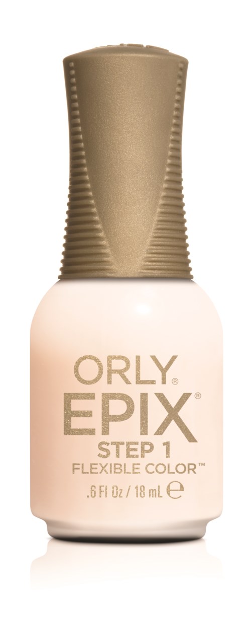 En neglelakflaske med en guldcap og lyserosa etiket, mærket 'ORLY EPIX STEP 1 FLEXIBLE COLOR.'