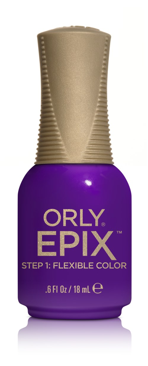 En lille lilla neglelakflaske med guldhætte, mærket 'ORLY EPIX'.