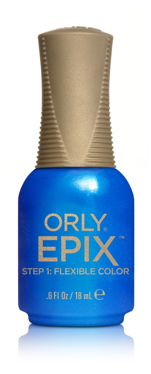 En blå neglelakflaske med guldhoved, mærket 'ORLY EPIX', og angiver at det er en fleksibel farve.