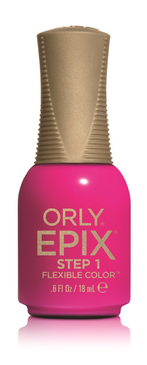 En lyserød neglelakflaske med guldhætte mærket 'ORLY EPIX Step 1 Flexible Color'.
