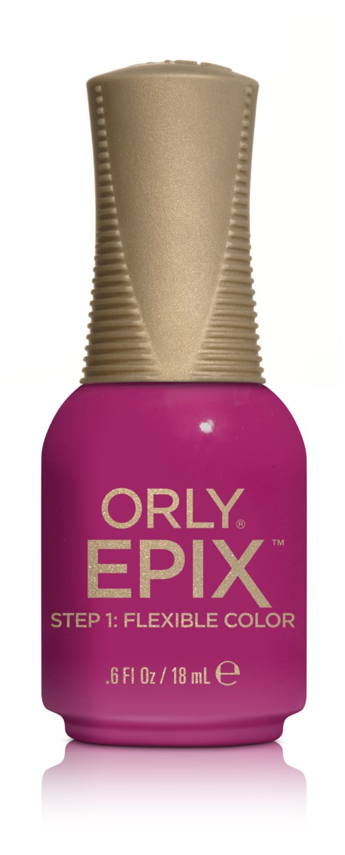Pink neglelakflaske fra Orly Epix med guldhætte, mærket som fleksibel farve.