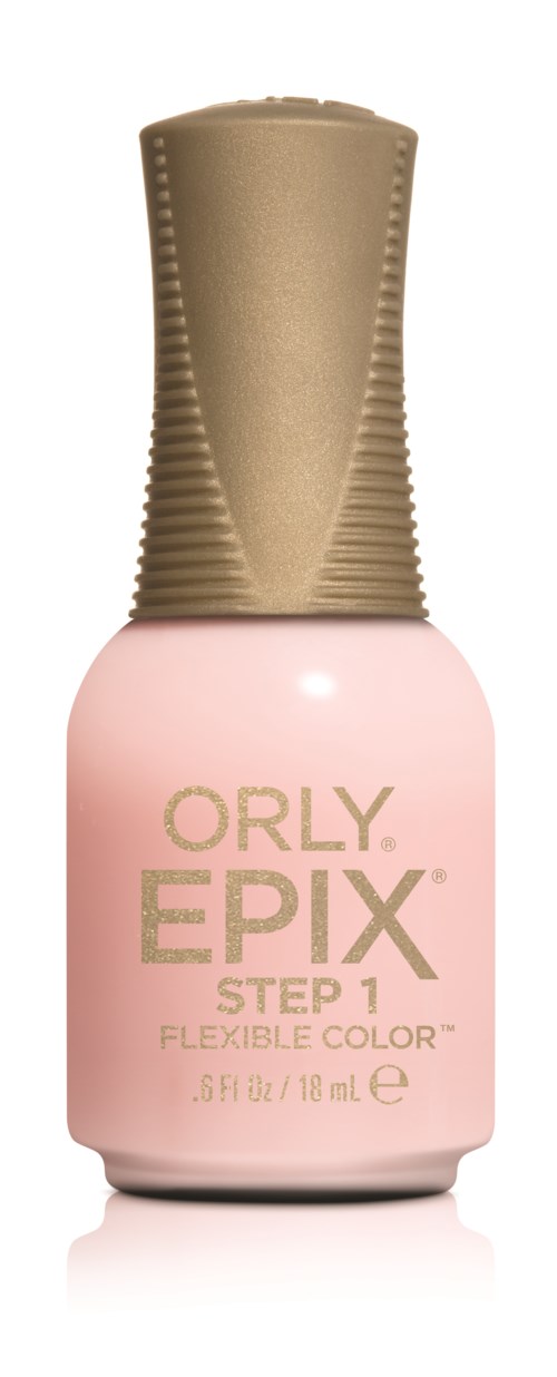 En pink neglelakflaske med en guldfarvet hætte, mærket 'Orly EPIX Step 1 Flexible Color.'