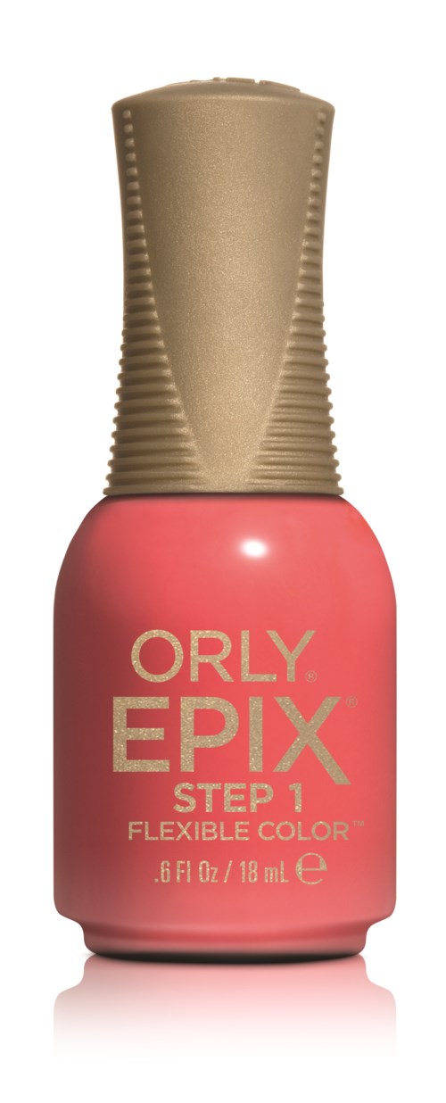 En flaske lyserødt neglelak med en guldhætte og etiketten 'ORLY EPIX STEP 1 FLEXIBLE COLOR.'