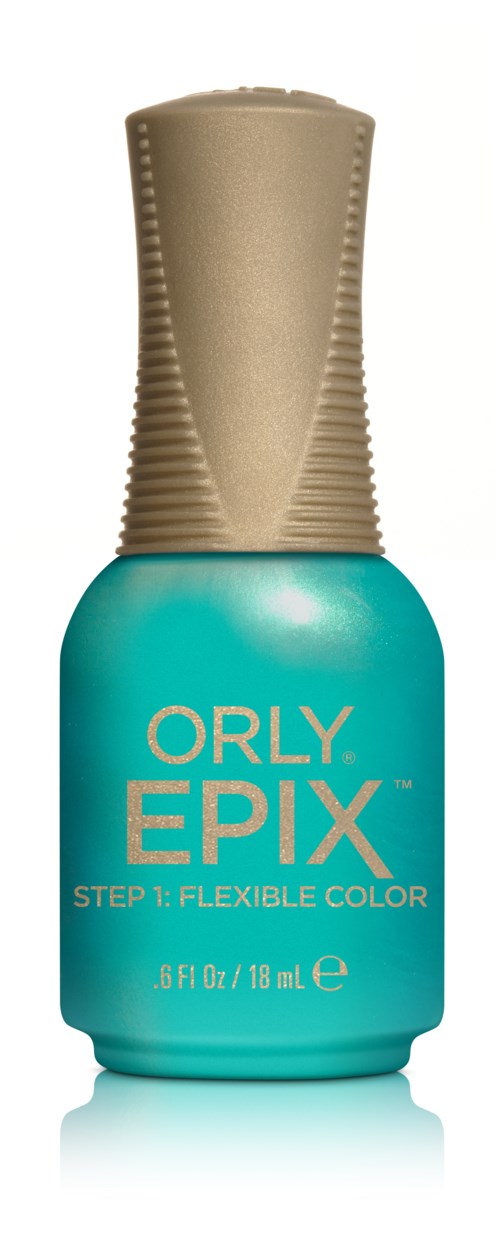 En flaske Orly EPIX neglelak i turquoise med beige låg.