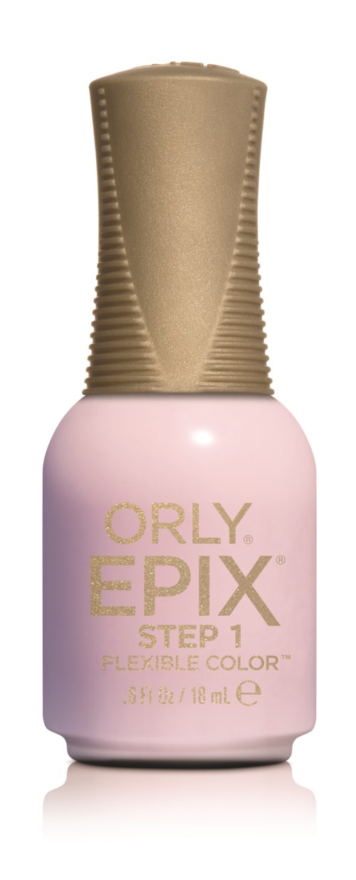En lille rosa flaske med guldhætter mærket Orly EPIX Trin 1 Fleksibel Farve, 18 ml.