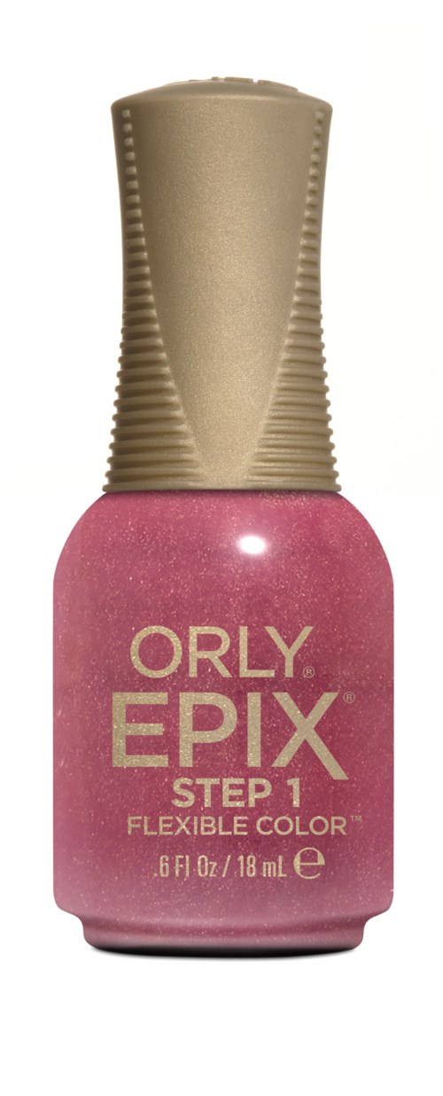Lyserødt neglelak i en lyserød flaske med beige låg, mærket "ORLY EPIX STEP 1 FLEXIBLE COLOR."