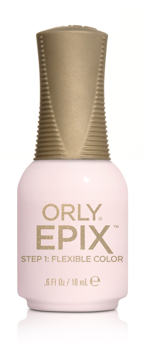 En lille rosa neglelakflaske med en guldkork, viser mærket Orly Epix. Etiketten nævner fleksibel farve.