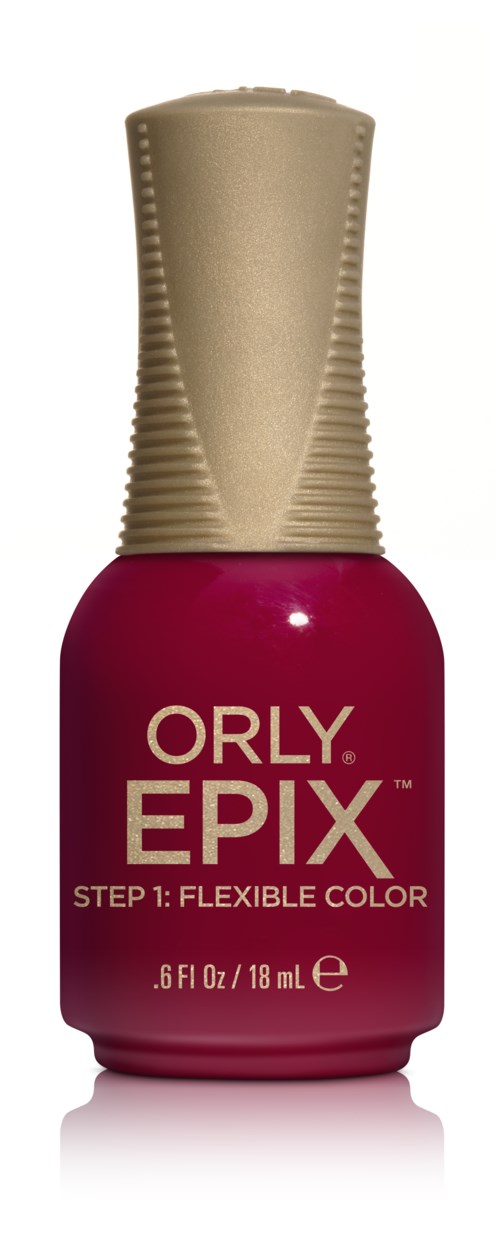 En flaske Orly EPIX neglelak, mørk pink farve med beige låg, etiketten viser den er fleksibel farve.