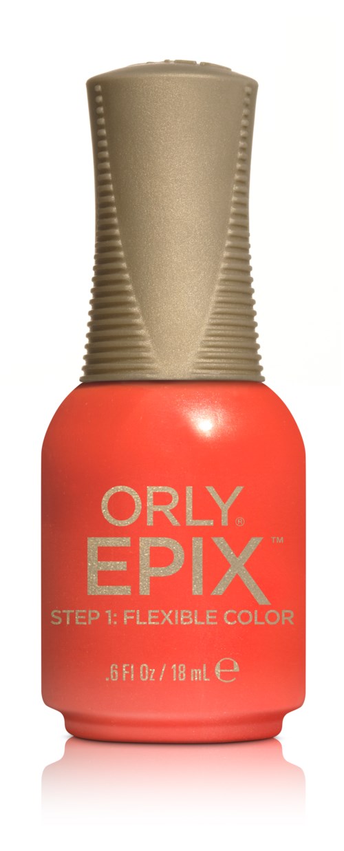 En flaske med coralfarvet neglelak med beige låg mærket "ORLY EPIX."