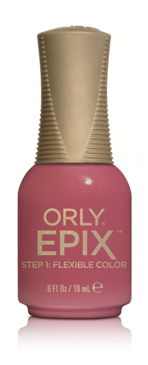 Lyserød neglelakflaske med guldhætte og etiket, der siger ORLY EPIX STEP 1 FLEXIBLE COLOR.