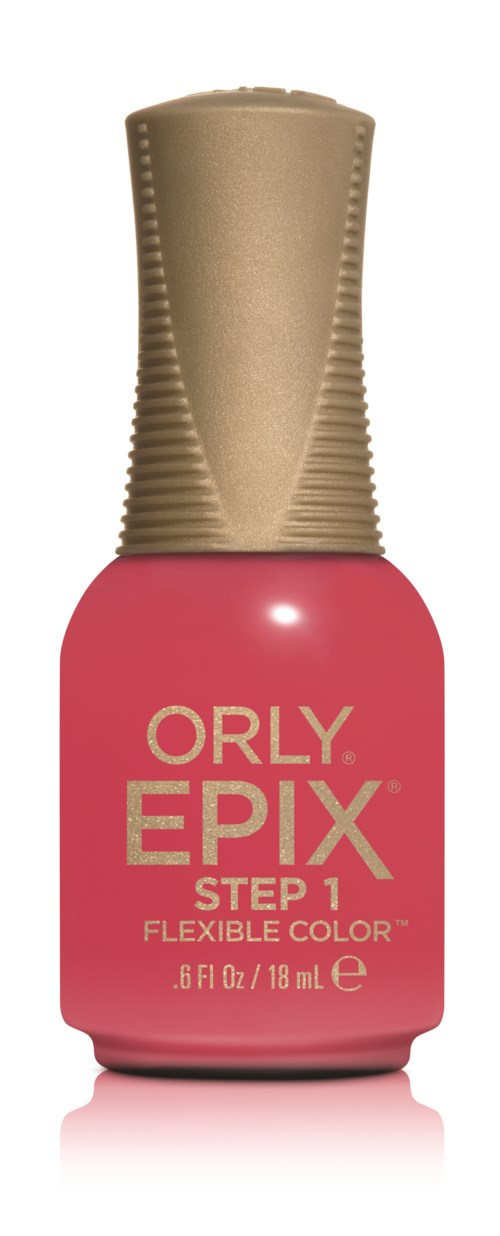 En lyserød neglelakflaske med guldhætte mærket 'ORLY EPIX STEP 1 FLEXIBLE COLOR.'