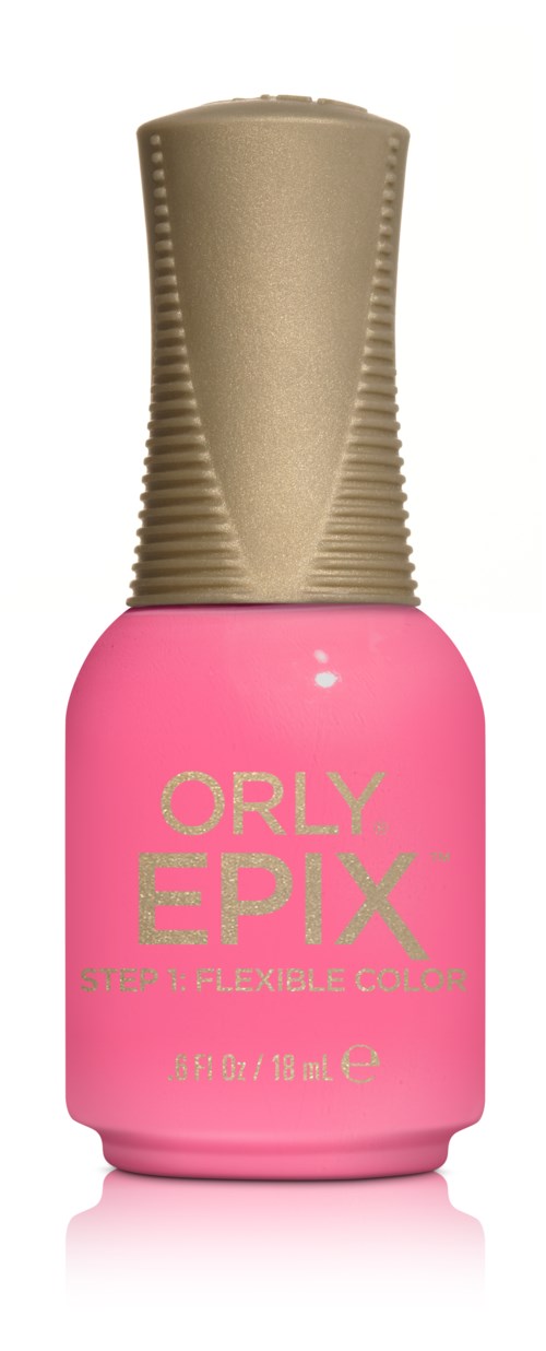 En rosa neglelakflaske med guldhoved og mærket ORLY EPIX skrevet på den.