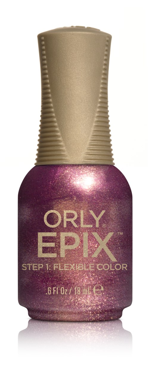 En flaske med ORLY EPIX neglelak i glitrende lilla farve med beige låg.