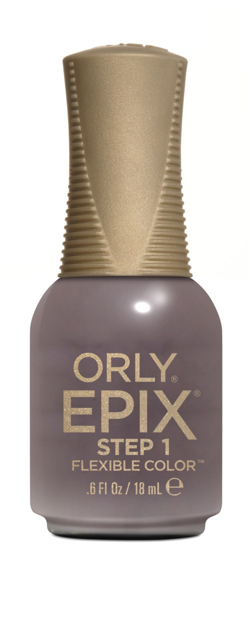 En flaske af Orly EPIX neglelak i en blid lilla farve med en gylden top.
