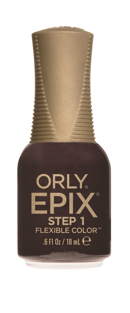 En neglelakflaske mærket ORLY EPIX Trin 1 Fleksibel Farve, i mørk nuance med beige låg.