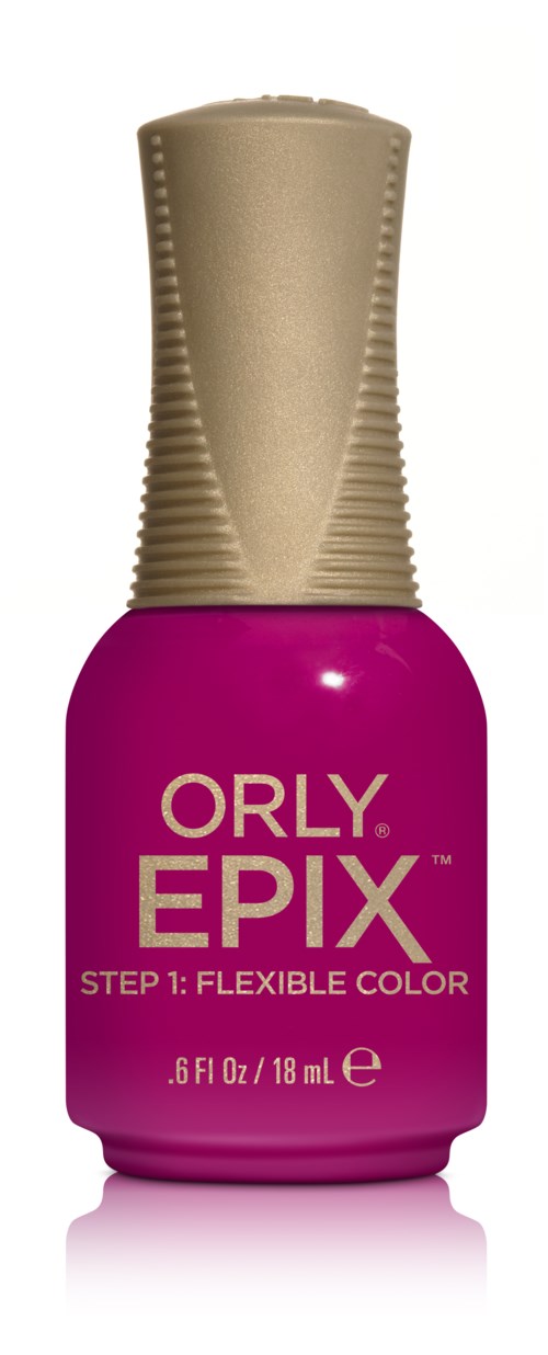 En lyserød neglelakflaske med guldhætte, mærket 'ORLY EPIX STEP 1: FLEXIBLE COLOR.'