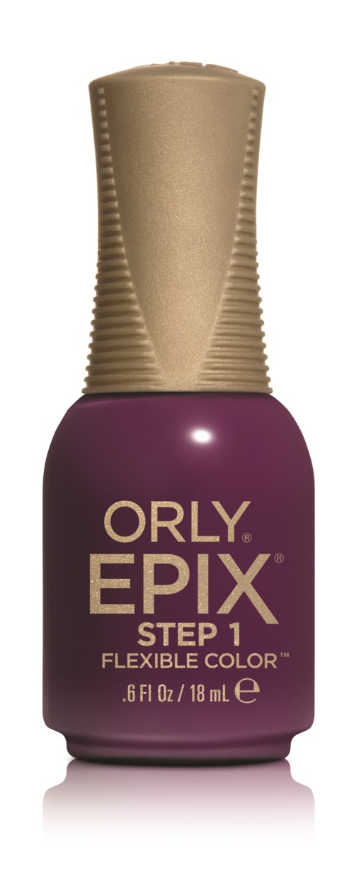 En lilla neglelakflaske med gyldent låg, mærket 'Orly Epix Step 1 Flexible Color.'