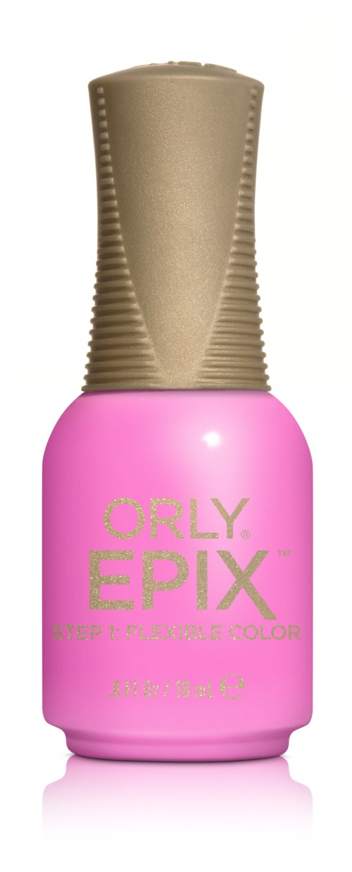 Pink neglelakflaske med guldhætte og guldtekst, mærket "Orly Epix".