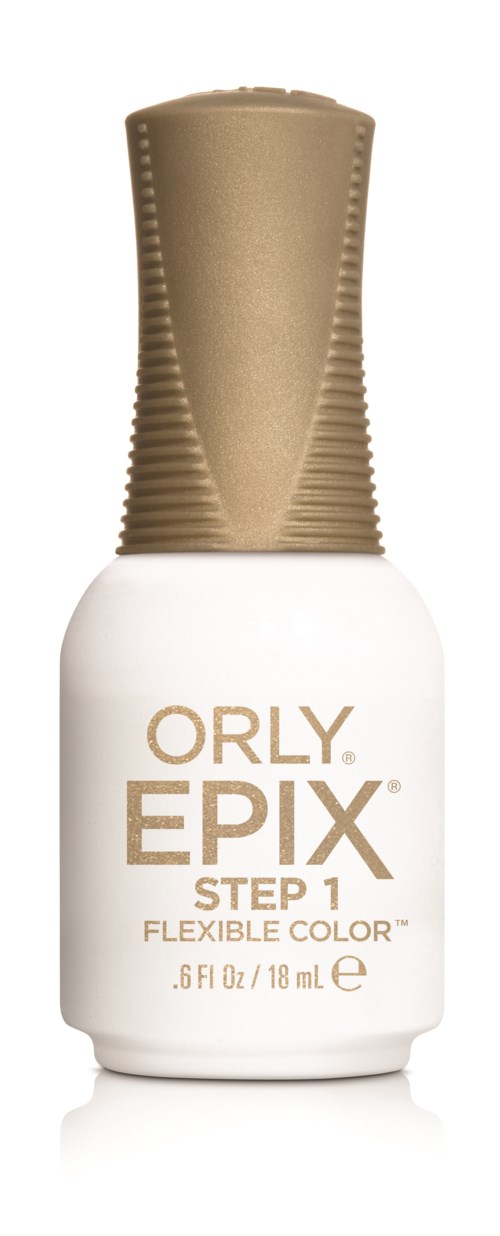 En hvid neglelakflaske med en beige hætte, mærket ORLY EPIX, Trin 1, Fleksibel Farve.