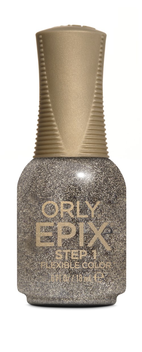 Liten flaske med glitrende neglelakk med gullfarget hette fra Orly, merket 'Epix' og 'Steg 1' for farge.