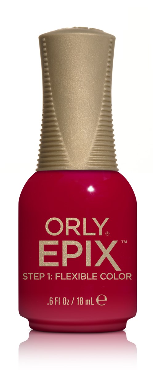 Rød neglelakflaske med guldhætte og ordene 'ORLY EPIX'.