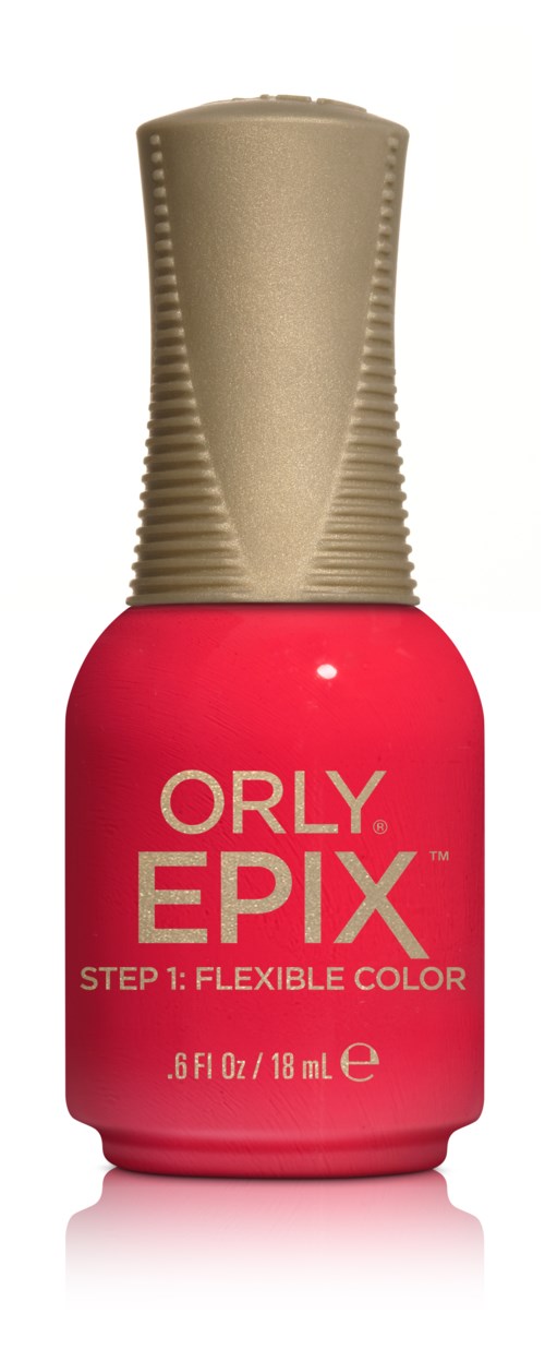 En rød neglelakflaske med beige låg, mærket ORLY EPIX, Trin 1: Fleksibel farve, 0,6 fl oz.