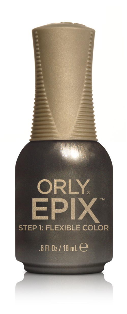 En flaske Orly EPIX neglelak, sort med guldhætte, mærket til fleksibel farve, 0,6 ounces.