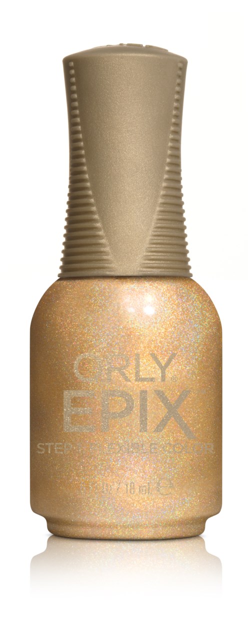 En flaske med glimmer beige neglelak med en tekstureret hætte. Den står "Orly Epix" på forsiden.